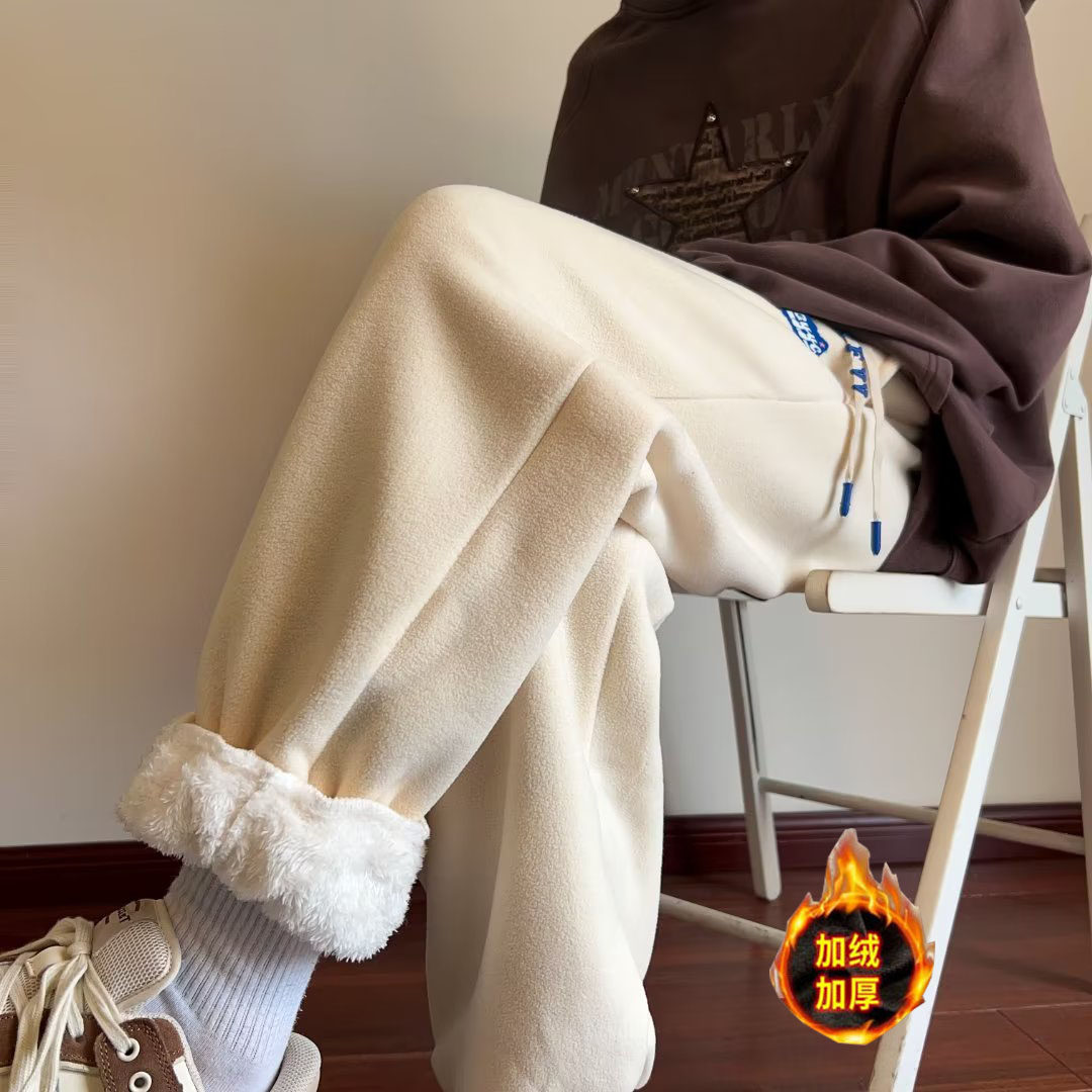 加绒加厚休闲裤男女秋冬束脚运动裤纯色潮流宽松长裤潮hk950 p50图片