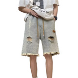 破洞牛仔短裤男2024夏季水洗宽松美式炸街毛边五分裤潮dk0012p40，男装休闲裤，星座204-6