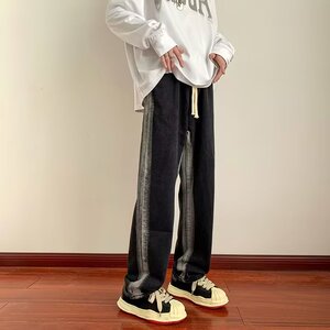 2023美式高街牛仔裤男潮牌宽松做旧水洗复古扎染直筒裤nk5096p50,深灰色风衣搭配什么白色裤子女图片