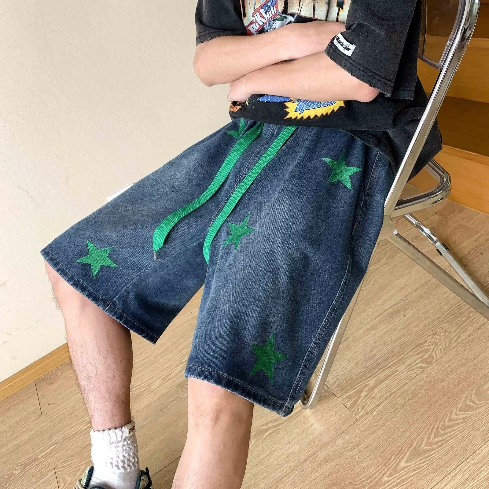 刺绣牛仔短裤男2023夏季水洗宽松美式炸街五分裤dk000p40,男装牛仔裤,星座204-6