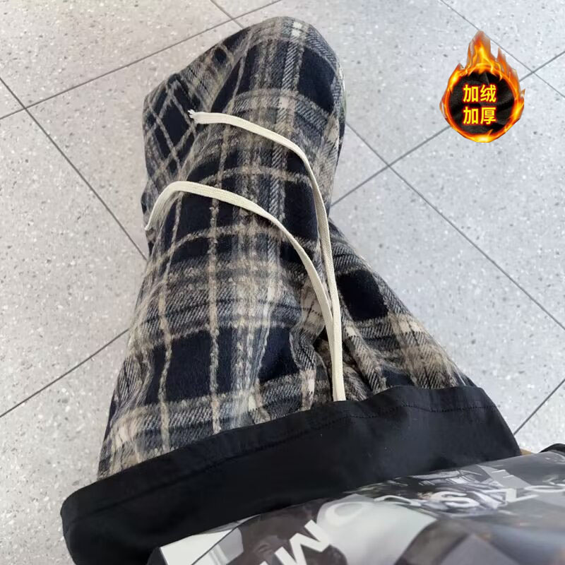毛呢格子裤子男秋冬高腰垂感休闲直筒加绒阔腿裤hk923 p60图片