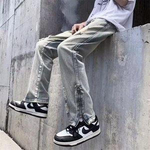 2024春夏直筒水洗男牛仔裤拉链青春流行破洞牛仔裤nk0222 p50图片