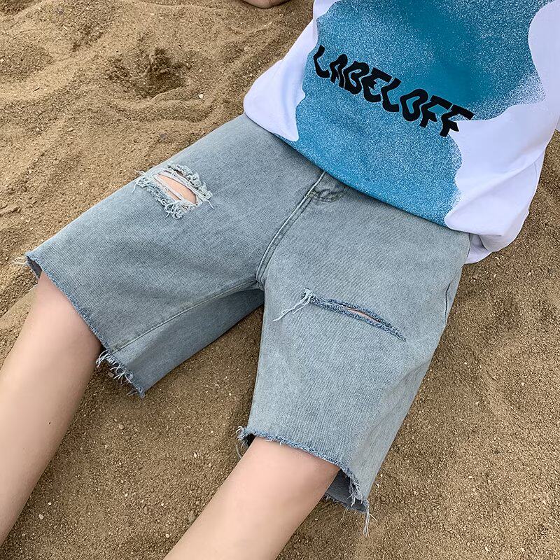 2024夏季韩版牛仔短裤男宽松侧拉链休闲破洞五分裤潮dk0043 p40图片