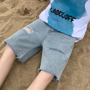 2024夏季韩版牛仔短裤男宽松侧拉链休闲破洞五分裤潮dk0043p40