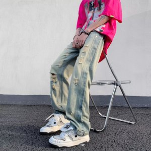 2023夏季直筒水洗男美式牛仔裤青春流行破洞牛仔裤nk1953 p50图片