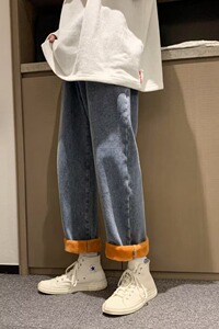 加绒加厚牛仔裤男直筒宽松老爹长裤秋冬休闲韩版保暖裤hnk824 p55图片
