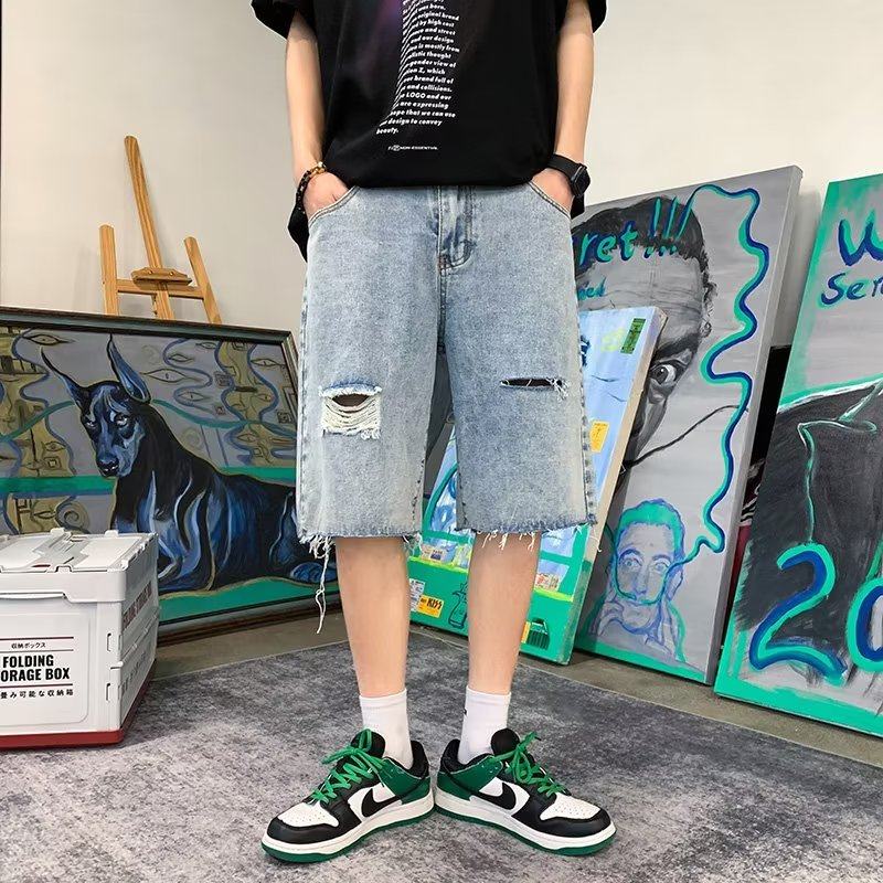毛边破洞牛仔短裤男夏季直筒五分裤子ins潮牌休闲大裤衩dk401 p45图片
