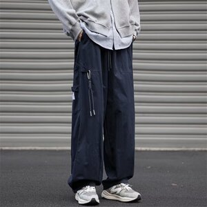 wassup happy藏青色工装裤子男款夏季潮牌直筒运动裤阔腿休闲长裤图片