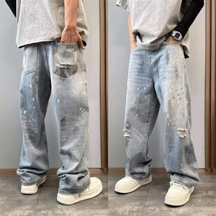 夏季休闲牛仔裤男韩版潮流百搭宽松直筒破铜牛仔裤nk607 p48