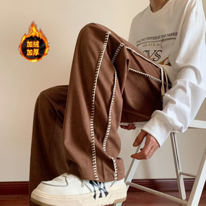 男冬季拼条卫裤宽松直筒运动裤加绒灯芯绒休闲裤hk937 p50图片