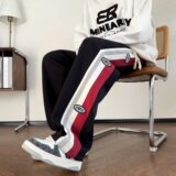 运动裤男秋冬季高街条纹拼接宽松直筒垂坠感阔腿休闲裤潮k955p50，男装休闲裤，星座204-6