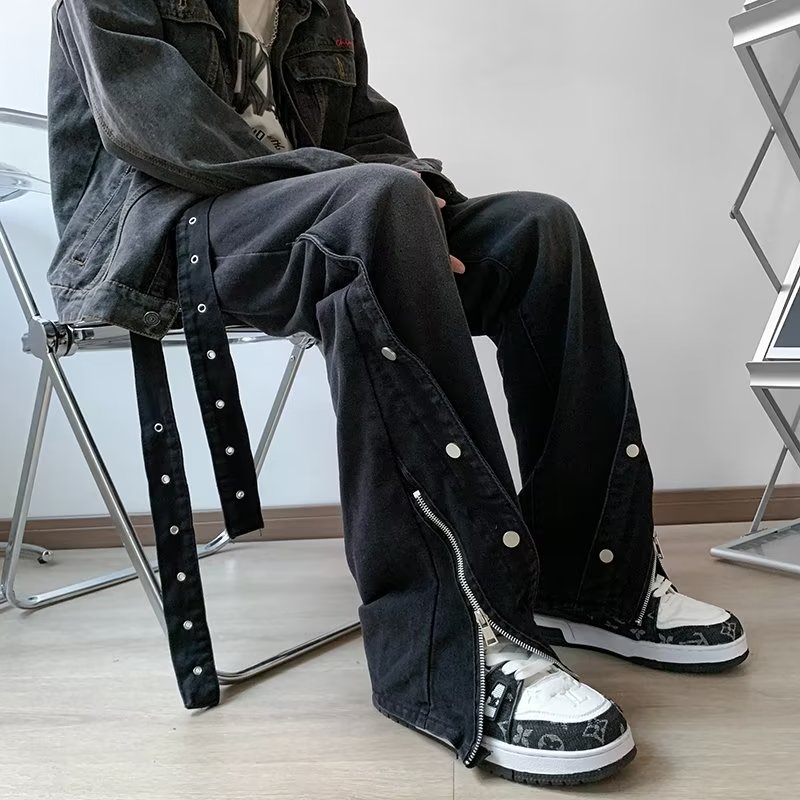 排扣拉链开叉牛仔裤男设计感美式水洗做旧阔腿微喇裤潮nk1372p60,男装牛仔裤,星座204-6