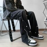 排扣拉链开叉牛仔裤男设计感美式水洗做旧阔腿微喇裤潮nk1372p60，男装牛仔裤，星座204-6