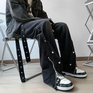排扣拉链开叉牛仔裤男设计感美式水洗做旧阔腿微喇裤潮nk1372 p60图片