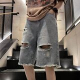2024夏季文艺牛仔短裤简约五分裤男直筒毛边破洞短裤dk589p40，男装牛仔裤，星座204-6