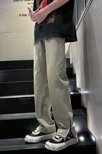 2024春季直筒牛仔长裤复古拼接水洗拉链开叉男文艺牛仔裤nk60 p50图片