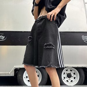 毛边破洞牛仔短裤男夏季三条杠高街做旧直筒五分裤dk219 p45图片