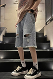 2023夏季文艺牛仔短裤简约五分裤男直筒日系破洞短裤潮dk589p40，男装牛仔裤，星座204-6
