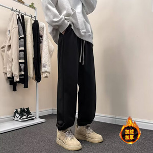 加绒加厚休闲裤男女秋冬束脚运动裤纯色宽松长裤hk133p30,长款薄荷绿棉服搭配图片