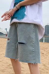 2024夏季韩版牛仔短裤男宽松侧拉链休闲破洞五分裤dk0043 p40图片