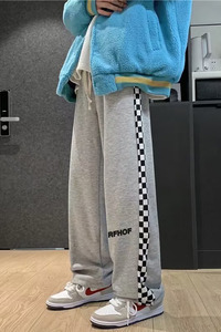 棋盘格拼接休闲裤男秋冬加绒运动长裤直筒宽松卫裤hk373 p35图片