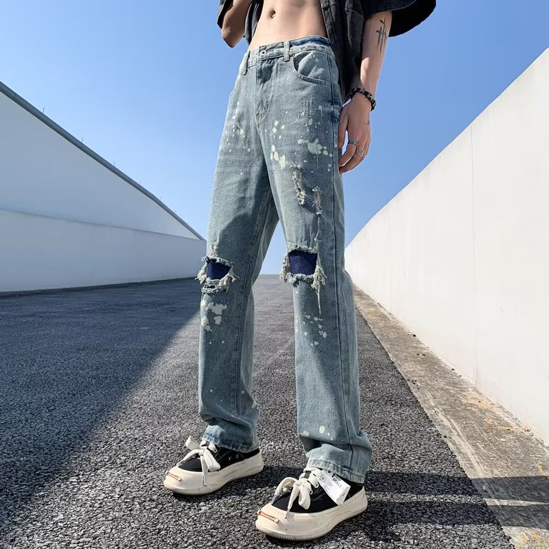 2023夏季直筒水洗男美式牛仔裤拉链青春流行破洞牛仔裤nk5001 p55图片