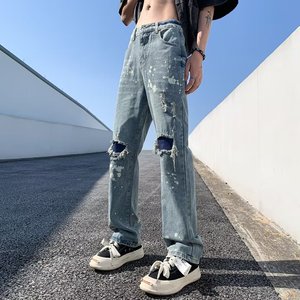 2023夏季直筒水洗男美式牛仔裤拉链流行破洞牛仔裤nk5001 p55图片