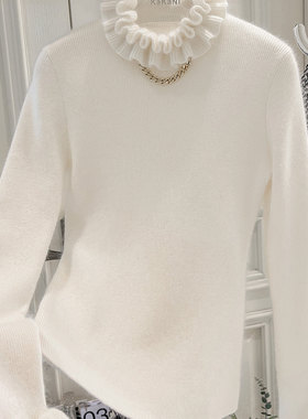 X2时尚小仙女花苞领浣熊绒+兔毛羊毛混纺修身显瘦毛衣女冬款M355