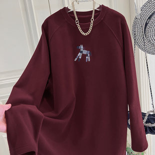 洋气刺绣木偶马磨毛打底衫 时尚 T恤女M343 插肩袖 欧洲站休闲中长款