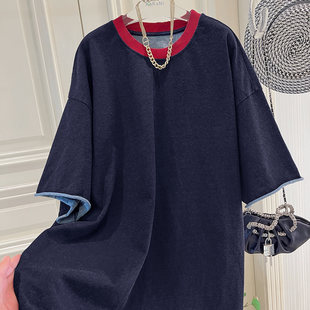 T恤牛仔连衣裙H604 中长款 春夏新款 撞色红领松弛感欧货休闲时尚