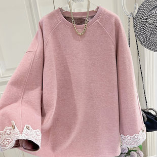 慵懒风拉绒卫衣女冬E445 时尚 X1袖 口花边拼接欧货宽松休闲中长款