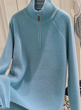 X2时尚慵懒风插肩袖淡蓝色100%全羊毛衫女冬款立领毛衣毛衫女E257