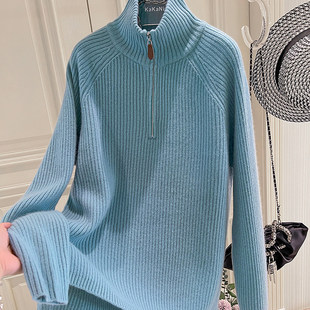 立领毛衣毛衫 时尚 女冬款 淡蓝色100%全羊毛衫 女E257 慵懒风插肩袖