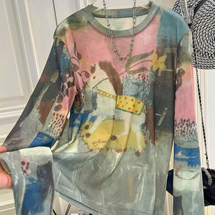 形体欧货休闲T恤女G779 多巴胺彩色印花高弹力长袖 春装 新款