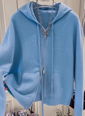 简约休闲时尚连帽羊毛衫女蓝色短款小个子毛衣秋冬新款毛衫C809
