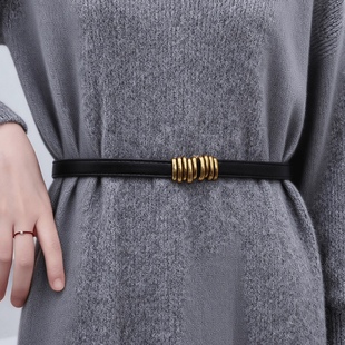 时髦百搭腰带女配裙子外套气质金属扣哑光黑色小皮带细毛衣收腰