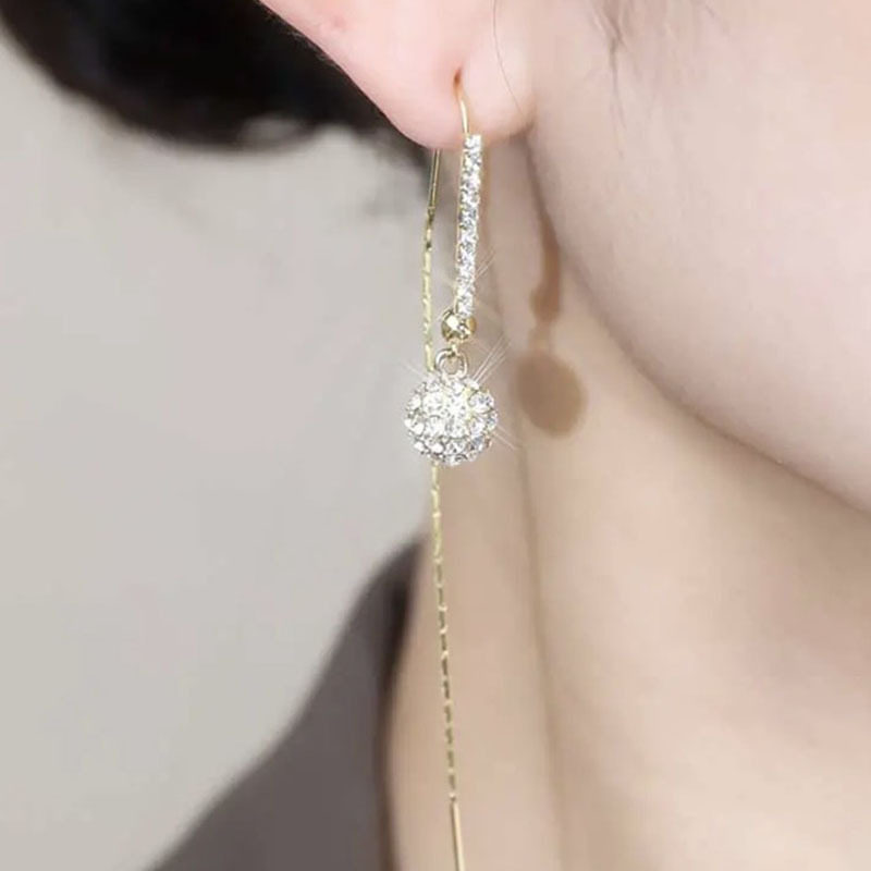 日韩新款潮小众设计感满钻球球耳线女气质百搭时尚长款流苏耳饰