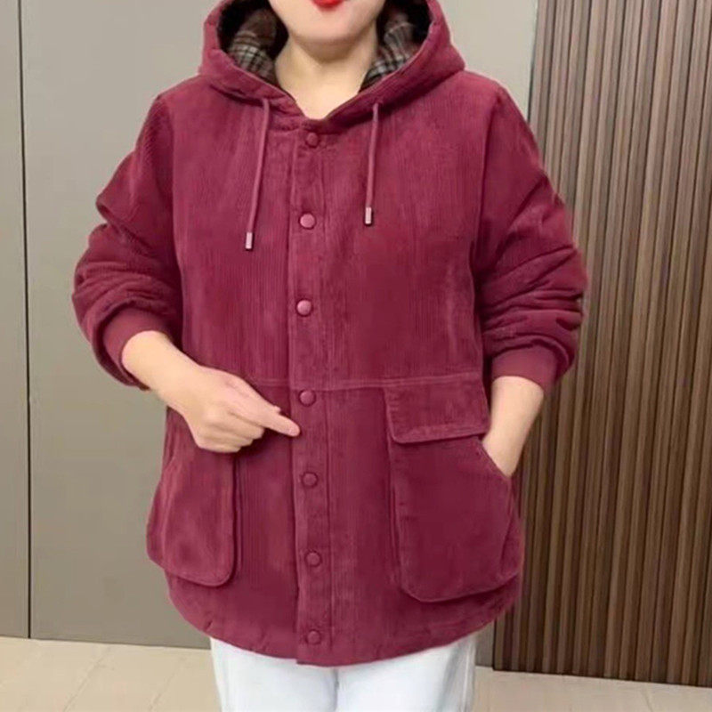 加肥加大格子拼接纯棉条绒棉服