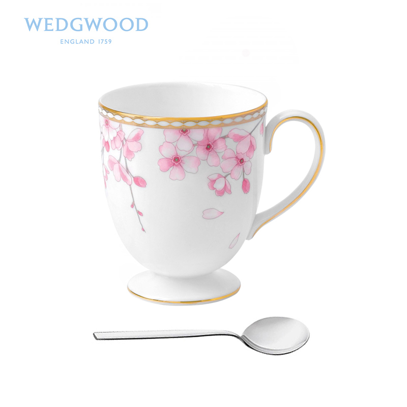 英国Wedgwood威基伍德樱花春蕾高脚马克杯+WMF勺家用早餐牛奶水杯