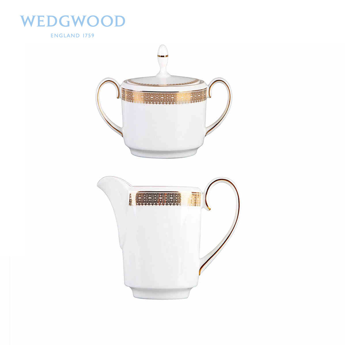 Wedgwood Vera Wang 金色蕾丝骨瓷糖缸奶缸套装 西式奶罐带盖糖罐