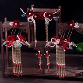 新娘新中式 红色绒花秀禾头饰套装 造型跟妆拍照旗袍敬酒服发饰