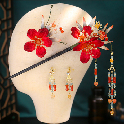 中式新娘秀禾红色步摇流苏花瓣发簪套装旗袍发饰婚礼古典民族配饰