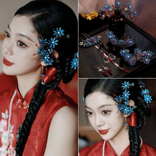 新中式仿真花新娘发簪古典蓝