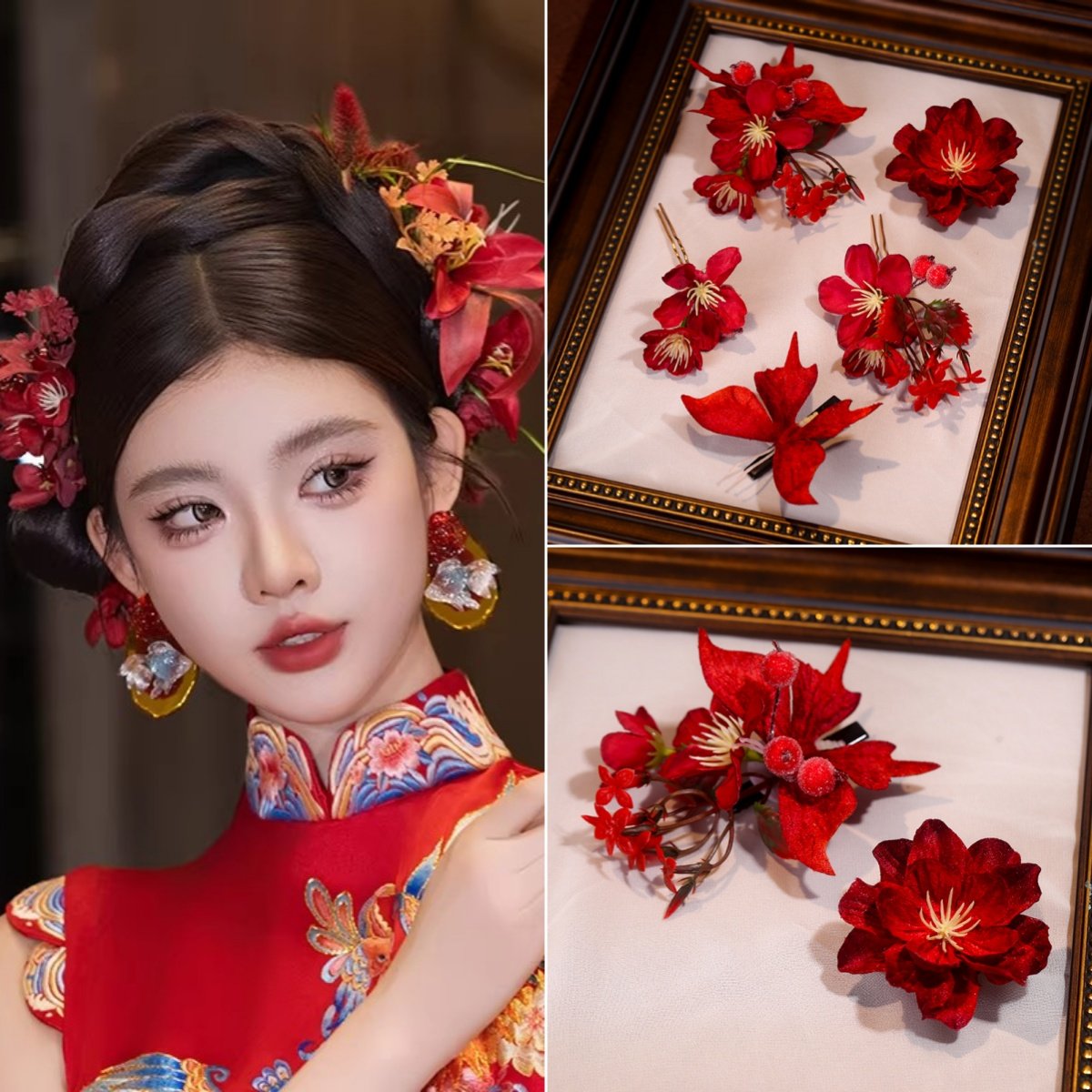 红色仿真花新娘敬酒发夹图片