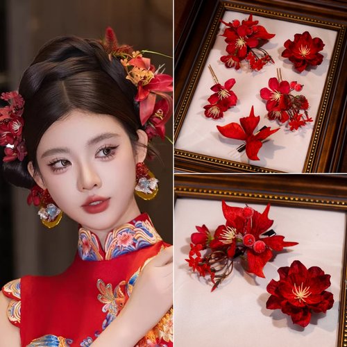 红色仿真花新娘敬酒发夹