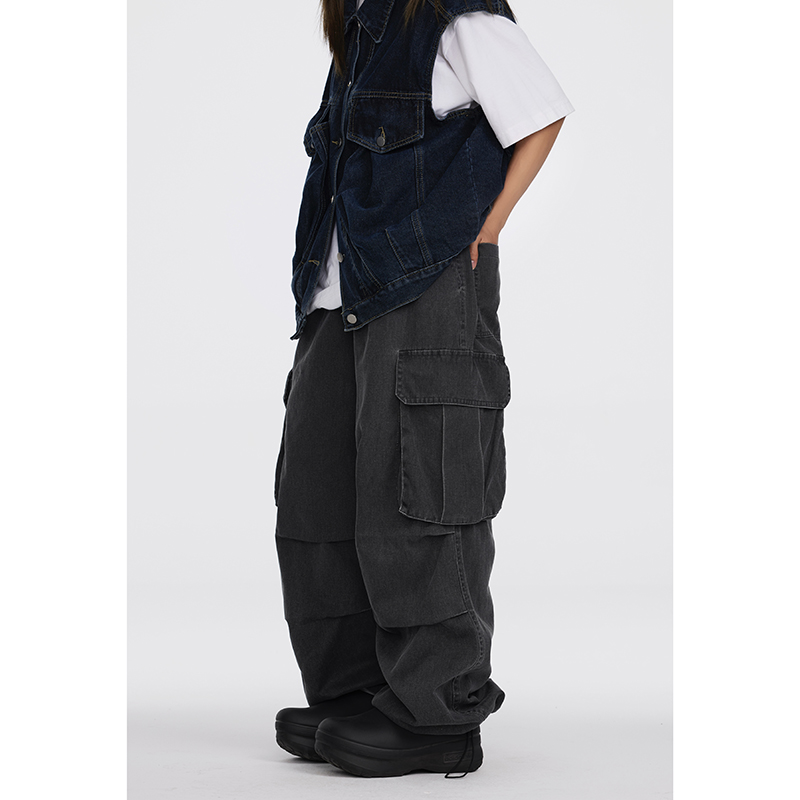 PASSIBURN 日系户外宽松男女潮基础直筒多口袋水洗工装裤休闲裤子