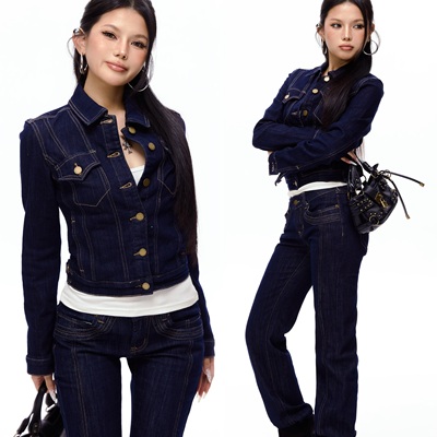 【吉月月】设计感美式复古丹宁原色明线装饰短款外套+低腰微喇裤