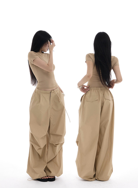 【吉月月】水洗做旧褶皱工装裤宽松休闲阔腿裤+正肩裸感显身材t恤