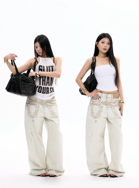 设计感刺绣做旧水洗弯刀裤长款阔腿牛仔裤