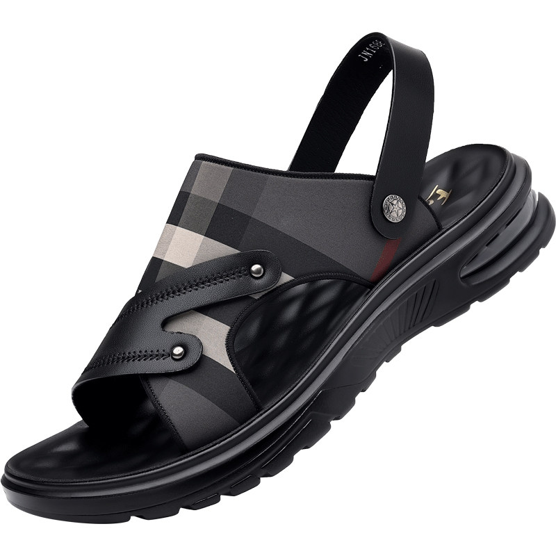 MENS SANDALS 2024 NEW SLIPPERS GENUINE LEATHER SUMMER CASUAL SOFT SOLE WEAR KOREAN TIDE SLIPPERS BEACH SHOES NON-SLIP